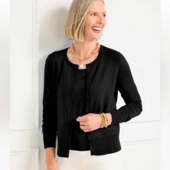 Talbots Petites Crew Neck Cardigan Sweater in Black - Picture 8 of 9